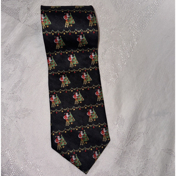 Jos. A. Bank Christmas Necktie Santa Decorating Tree Black 100% Silk Made in USA - Picture 2 of 6